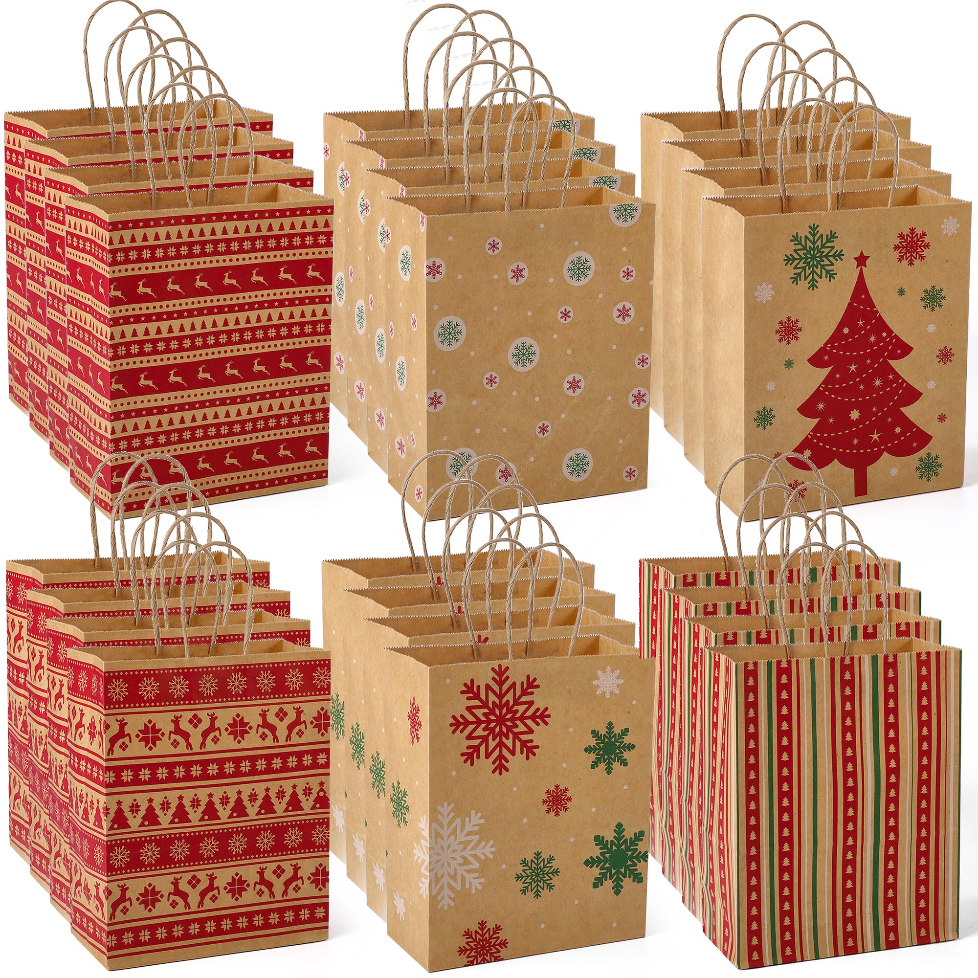 Switory 24pcs Christmas Wrapping Gift Bags, 6 Patterns Xmas Gift with Handles Christmas Goody Kraft for Holiday Party New Year Presents - 21.8X17.8X8.4cm
