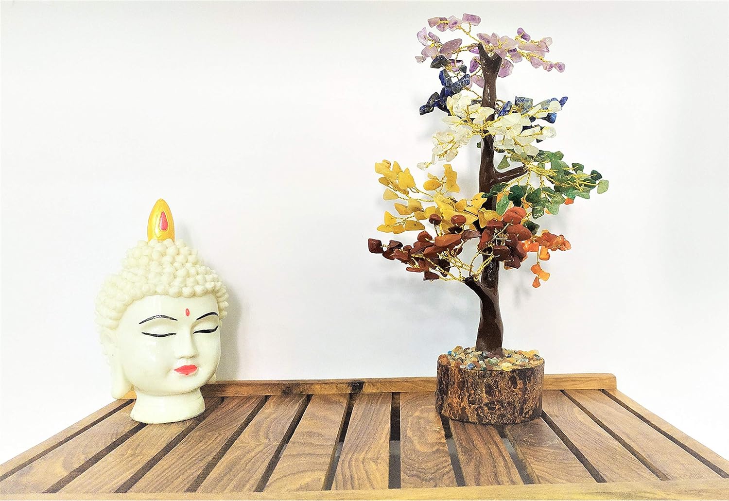 Crocon Seven Chakra Natural Healing Gemstone Crystal Bonsai Fortune Money Tree for Good Luck, Wealth & Prosperity-Home Office Decor Spiritual Gift (with Golden Wire and 300 Beads) Size 10-12 Inches: Home & Kitchen
