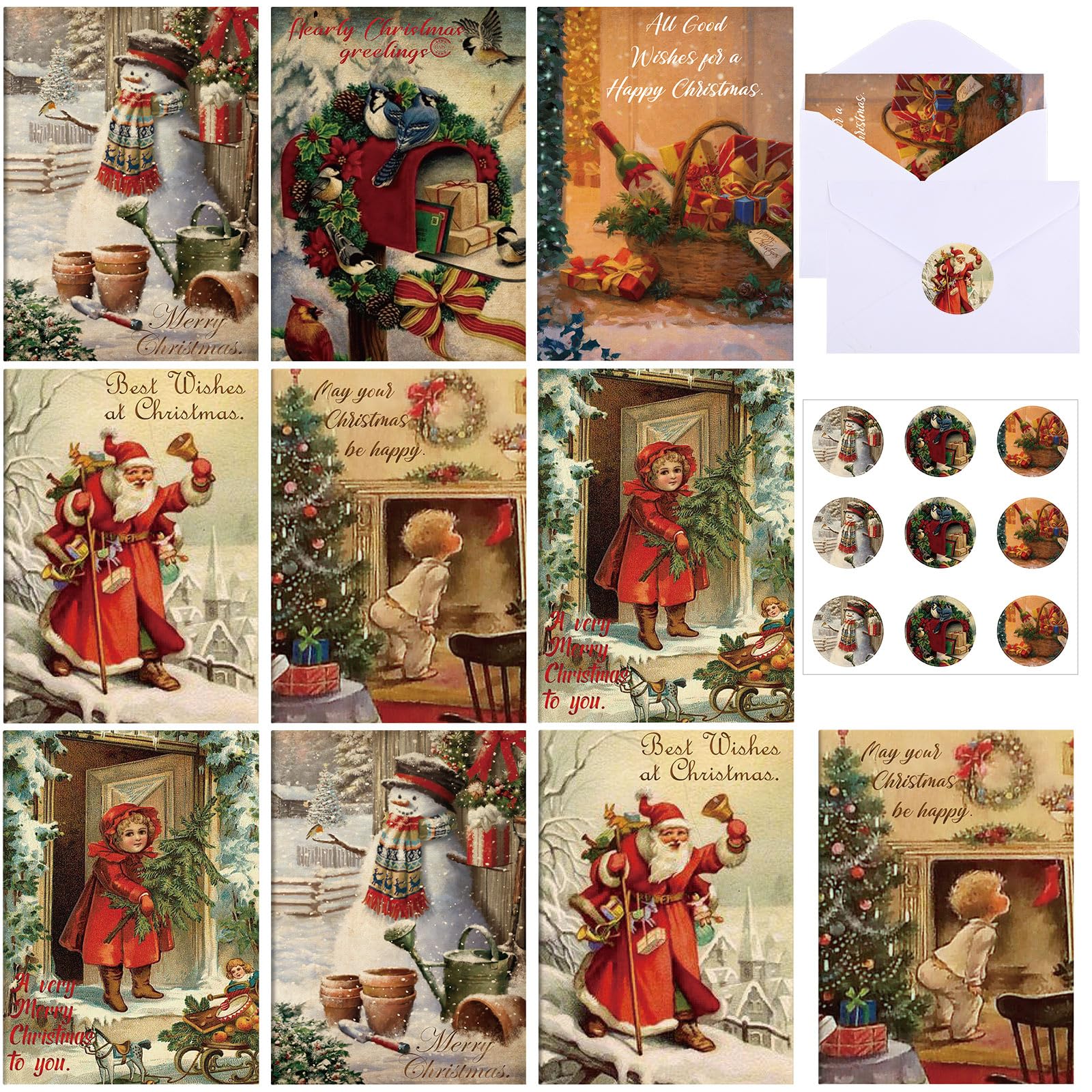 Photo 1 of Hotop 120 Sets Vintage Christmas Cards Bulk Retro Christmas Postcards Xmas Tree Santa Snowman Little Girl Blank Note Holiday Greeting Card with Envelopes Stickers for Gift Friends Relatives
