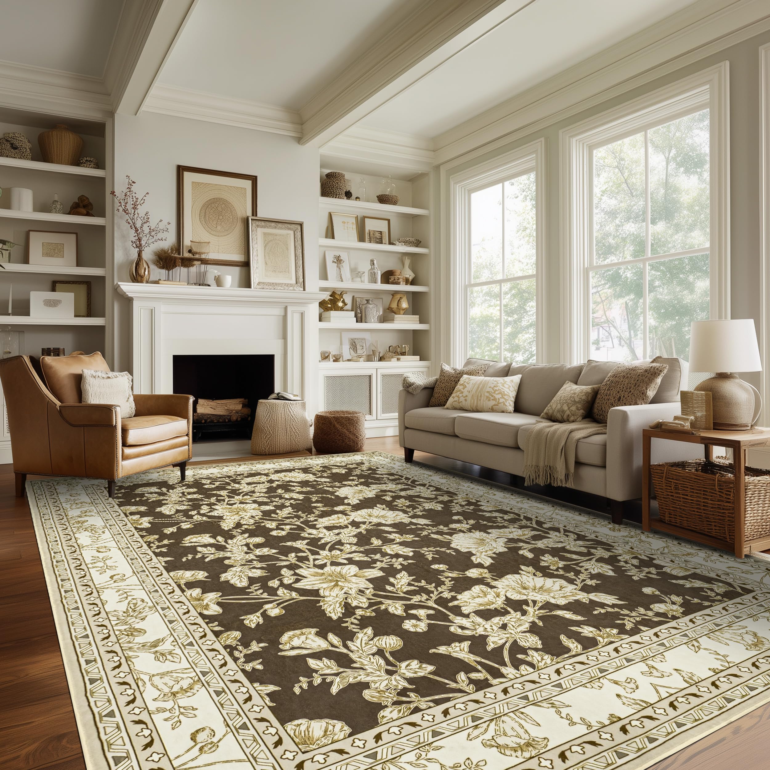 Brown Floral Print Area Rugs for Bedroom Living Room Boho Farmhouse Country Rustic Dining Room Carpet Soft Washable Rugs Non Slip Floor Covering for Nursery Playroom 8x10 Image