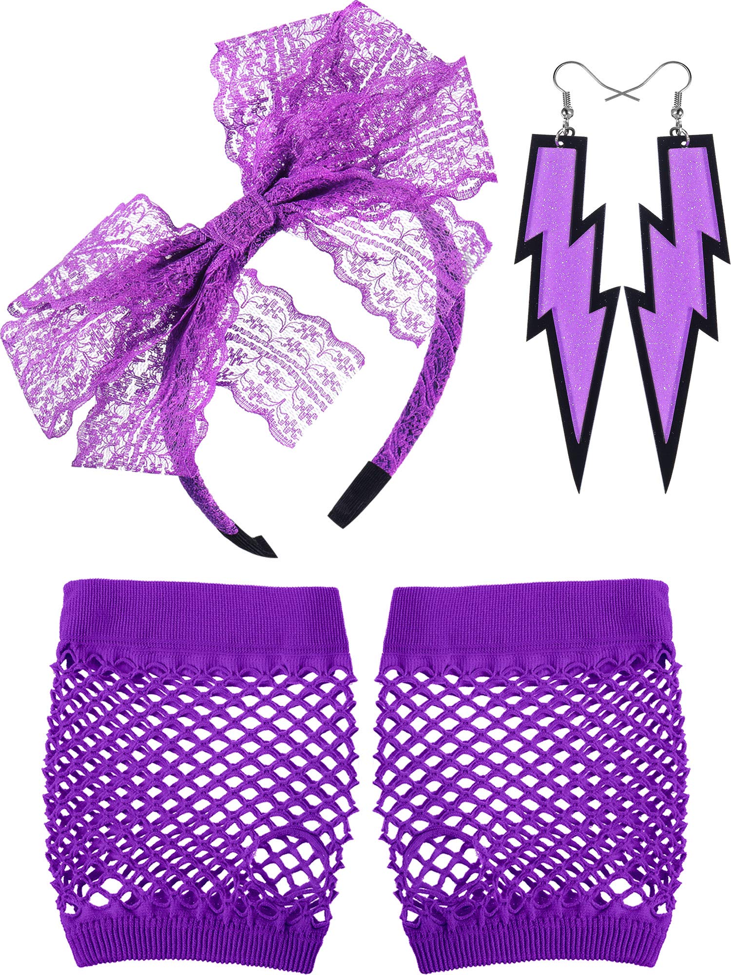 Blulu 80s Costume Accessories for Women Lace Headband Neon Earrings Fishnet Gloves for 80s Retro Party Halloween(Purple)