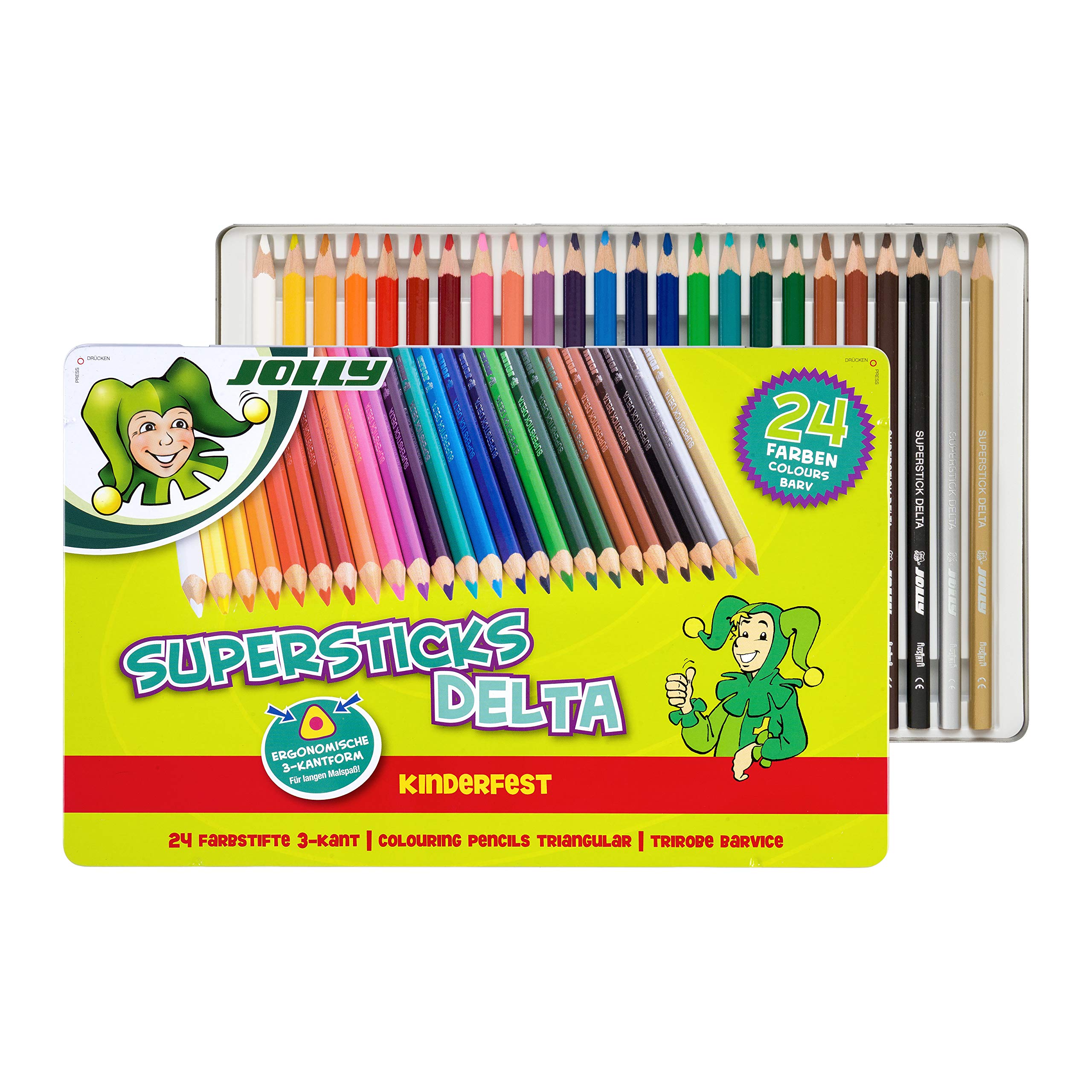 JOLLY Superstick Delta 3003-0014 Colouring Pencils, Triangular Colouring Pencils, Child-Proof and Shatterproof, Non-Toxic, Pack of 24 in Metal Case