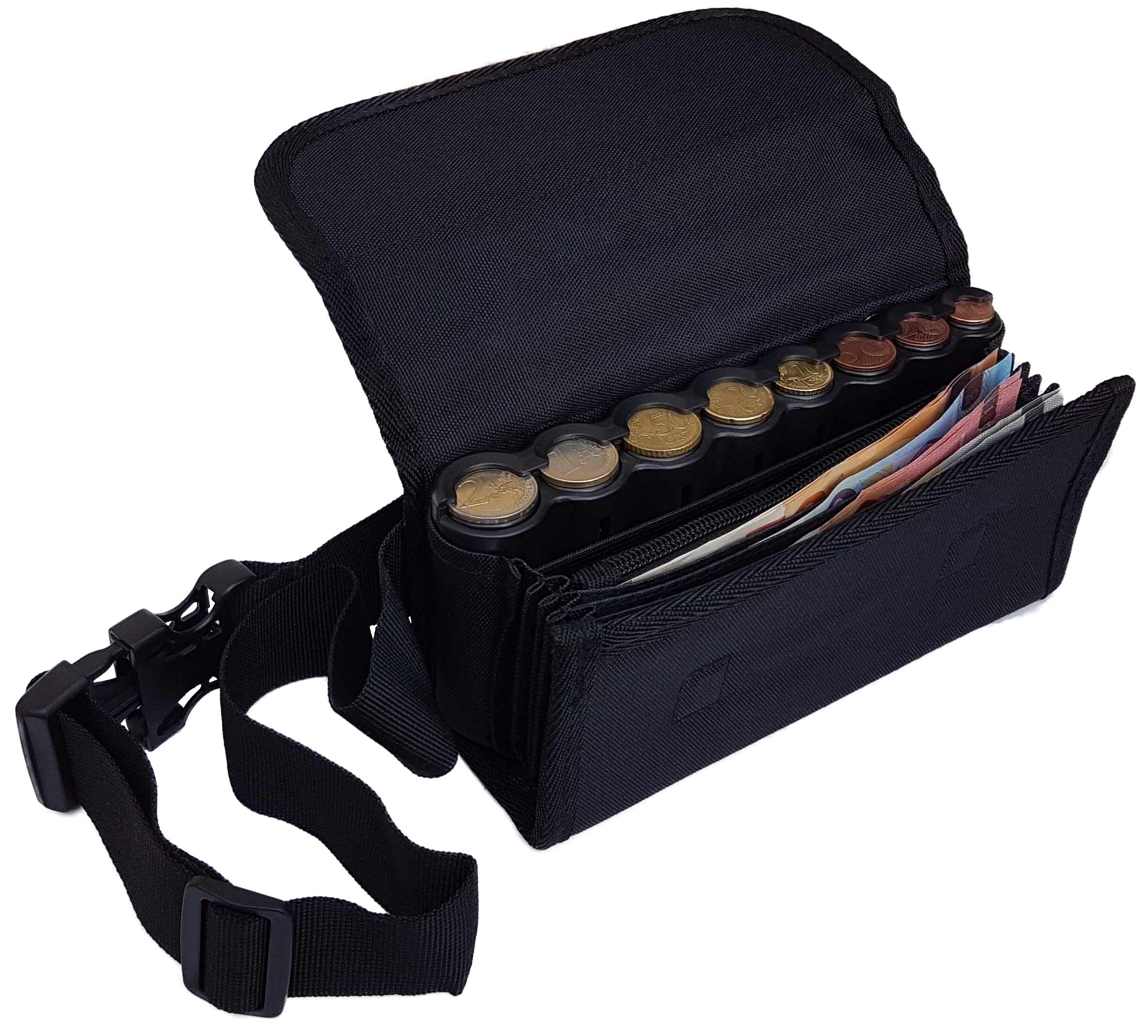 Claire-Funce Polyester Fabric Bum Bag with Coin Sorter, 8 Euro Coins, 1 Zipped Compartment, Magnetic Closure, Ideal for Waiters, Black, Practical