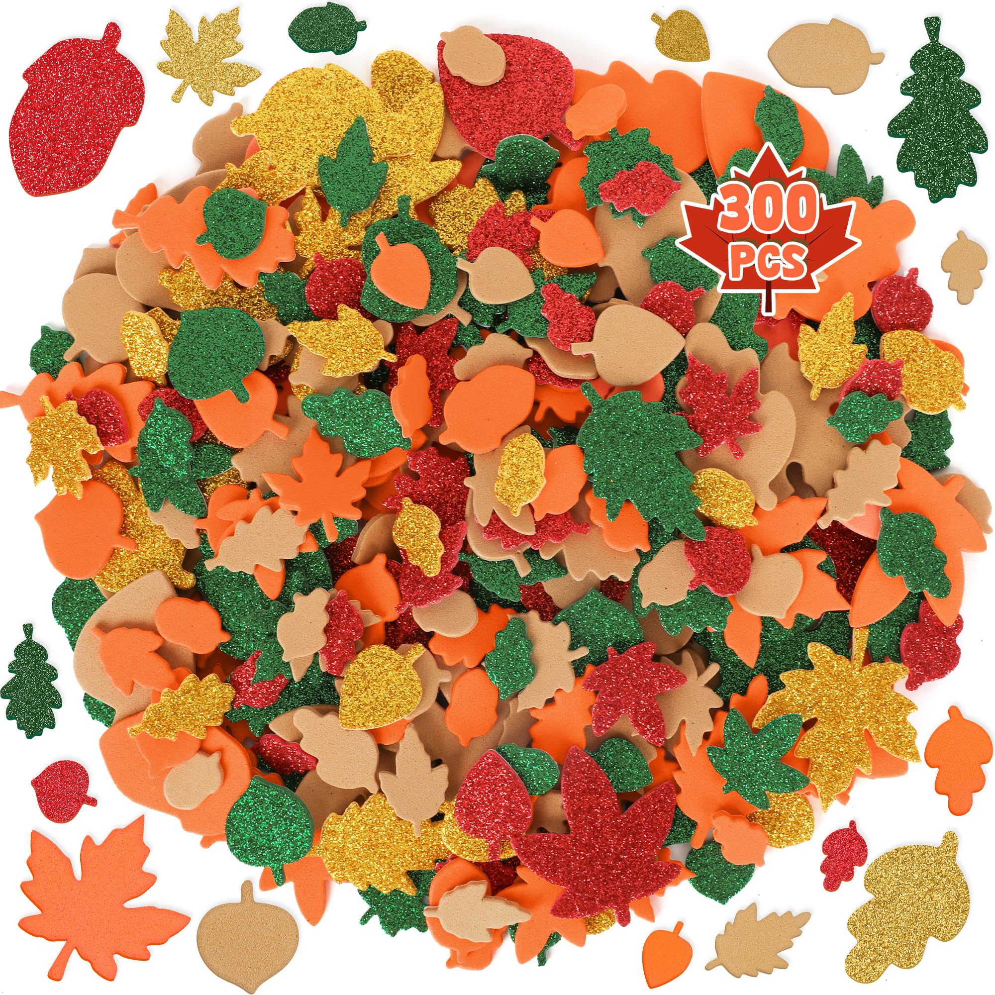 Photo 1 of 300Pcs Fall Stickers, Glitter Maple Foam Stickers, Self Adhesive Leaf Shape Thanksgiving Decorations, Colorful Pattern Foam Decor for Kids Crafts DIY, Harvest and Autumn Party Supplies