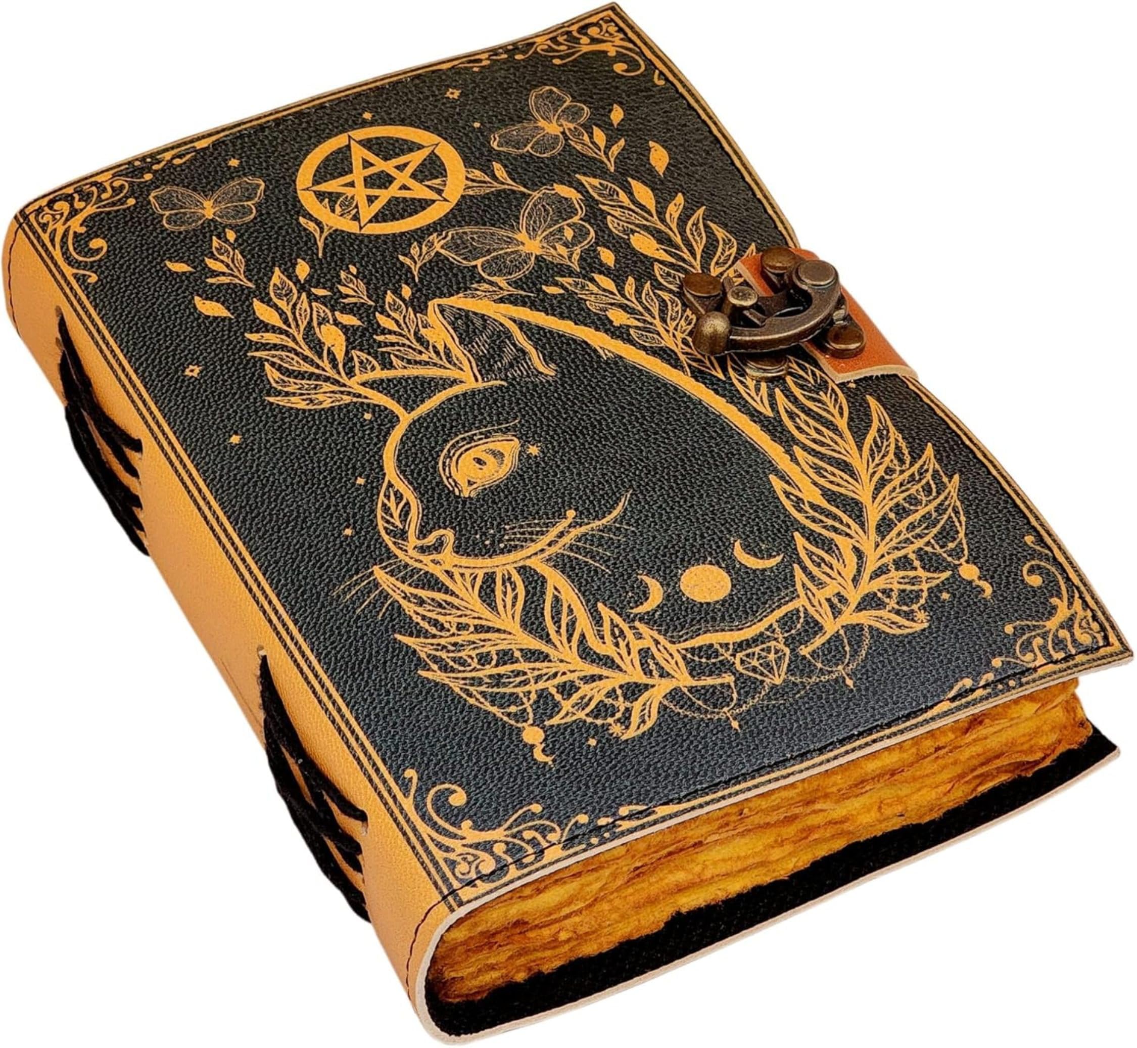 Grimoire journal Leather Print Caltic Cat journal Blank Spell book book of shadows leather gift for him sketchbook journal notebook (8x6 Inch)
