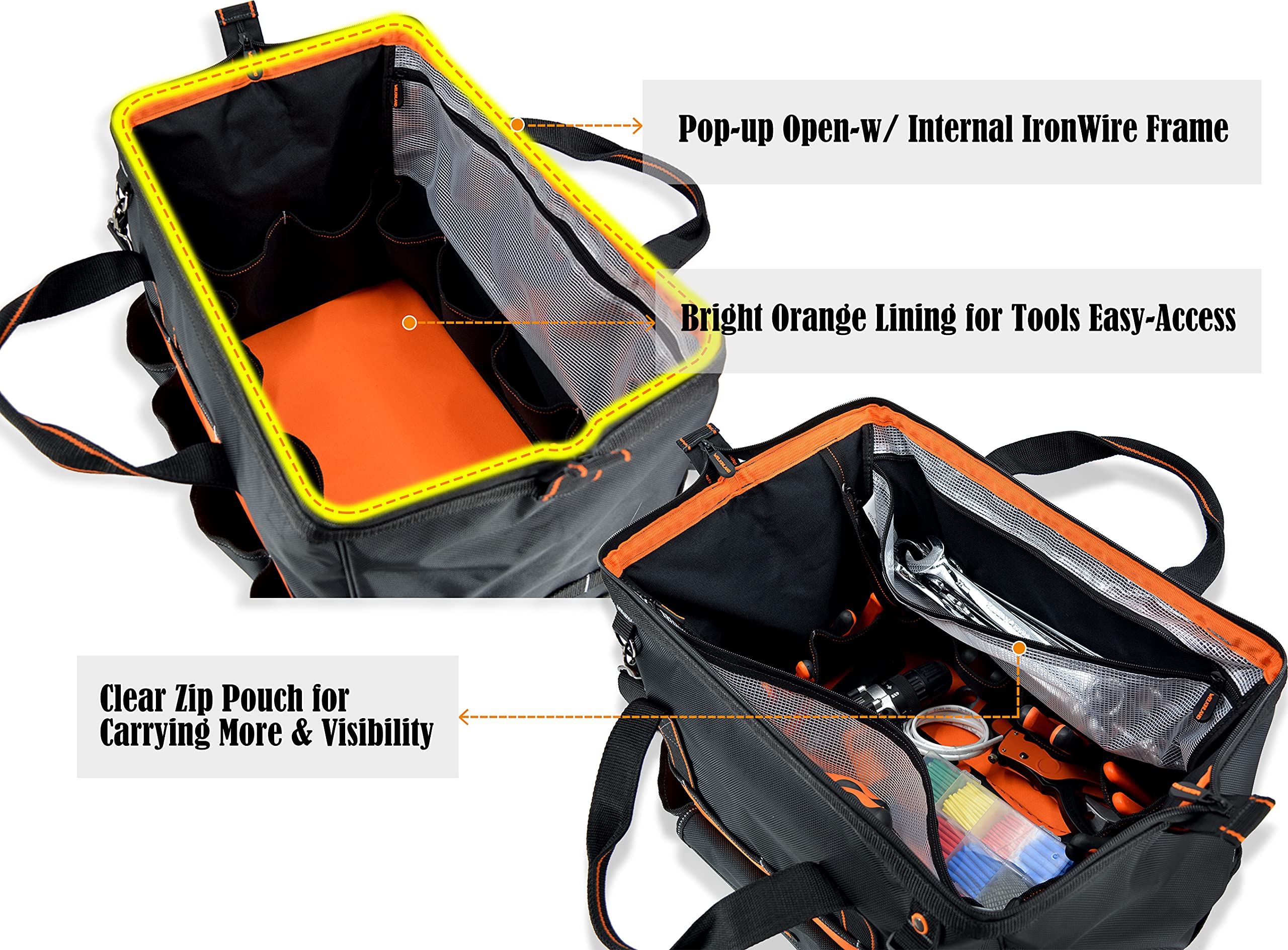 WELKINLAND 20-Inch Electrician tool bag, Heavy-duty tool bags for electricians, Tool bag organizer, HVAC tool bag, Maintenance tools bag, Tool bags for men, Tool tote bag, Tool bags for construction