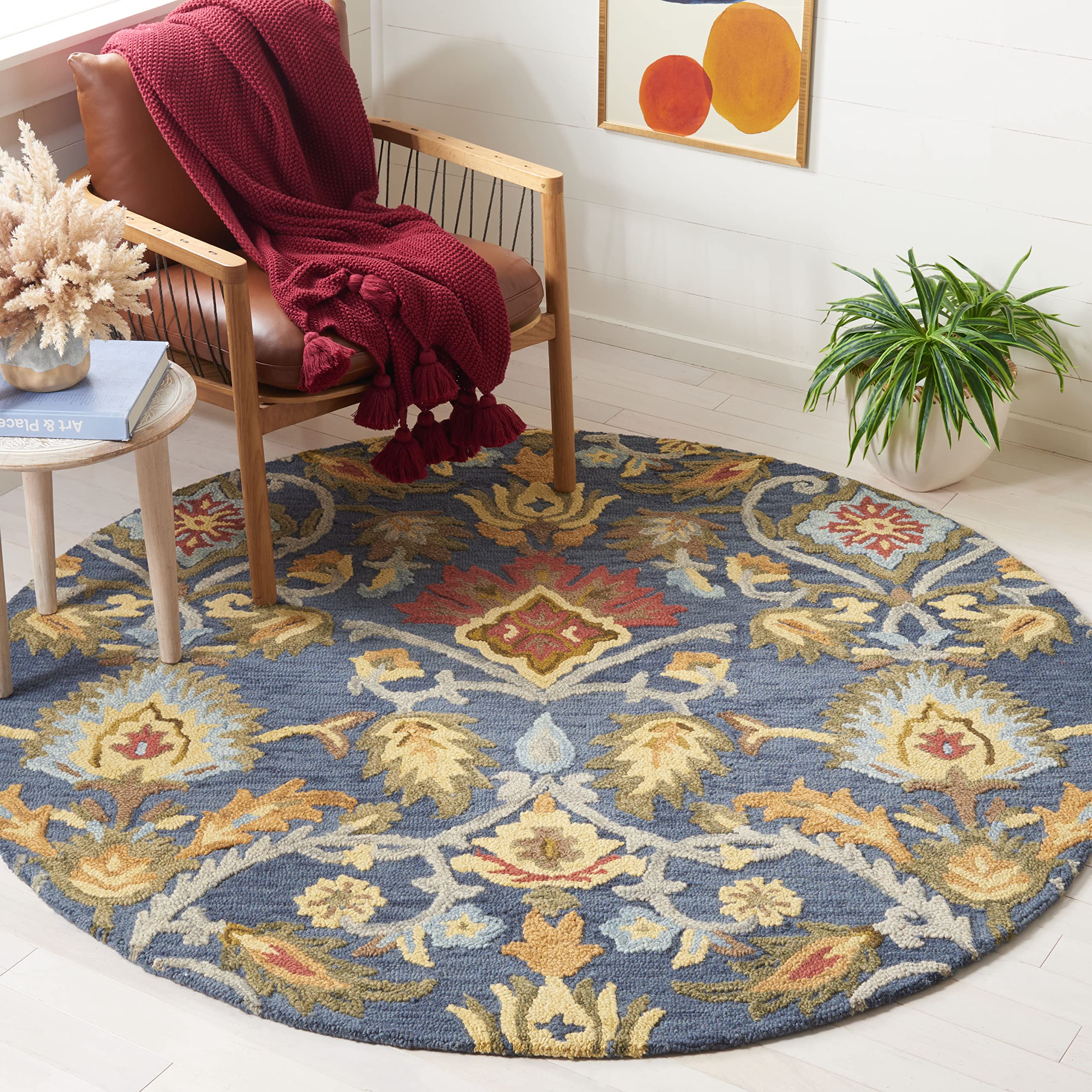 SAFAVIEH Blossom Collection Area Rug - 11' Round, Navy & Multi, Handmade Wool, Ideal for High Traffic Areas in Living Room, Bedroom (BLM402A) Image