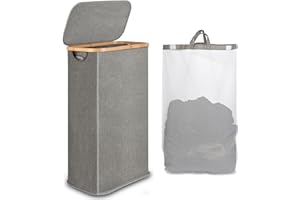 iEGrow 60L Slim Laundry Hamper, Narrow Laundry Basket with Lid,Foldable Clothes Hamper with Bamboo Handles,Hamper Basket with Removable Inner Bag for Clothes Toys Towels-Grey