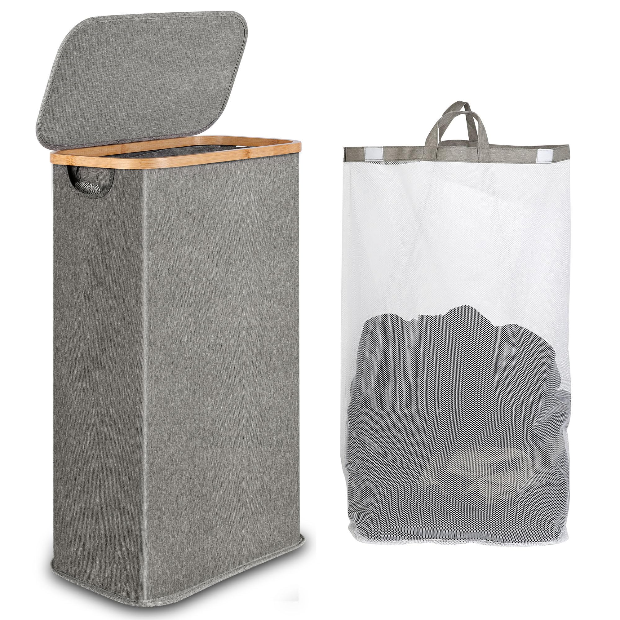 Photo 1 of iEGrow 60L Slim Laundry Hamper, Narrow Laundry Basket with Lid,Foldable Clothes Hamper with Bamboo Handles,Hamper Basket with Removable Inner Bag for Laundry Room Bedroom College Dorm,15.85 Gals Grey