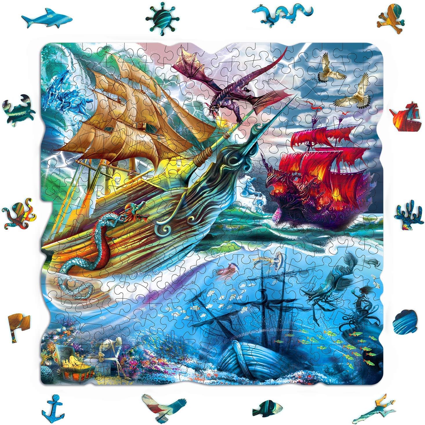 300 Piece Puzzles for Adults by Quokka, Wooden Adult Puzzle with Ship Battle, Unique Puzzles for Adults with Irregular Jigsaw Puzzles Pieces, Ship Battle Puzzles for Adults: Toys & Games