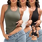 BVNSOZ 3 Pack Womens Tank Tops with Built in Bra Ribbed Racerback Tops | Light Support, Sleeveless Workout Shirt, Slim Fit, Double Layer, Scoop Neck, Summer Basic Cami, Stretch Material, Casual