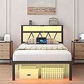HuaYing Twin Bed Frame with Smart LED Lights, Storage Headboard and USB Charging Station,Heavy Duty Wooden Slats, No Box Spring Needed, Noise Free, Easy Assembly (Classic Black, Twin)