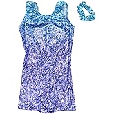 Destira Glitter and Glitz Lavender Gymnastic Unitard, Sparkle Hologram Biketard in Blues & Lavender, Scrunchie Included Child L (10)
