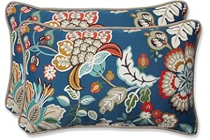 Pillow Perfect Floral Indoor/Outdoor Accent Throw Pillow Plush Fill, Weather, and Fade Resistant, Lumbar - 11.5" x 18.5", Blue/Tan Telfair Peacock 2 Count