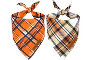 Realeaf Fall Dog Bandanas 2 Pack, Reversible Orange Plaid Holiday Pet Scarf for Boy and Girl, Premium Durable Fabric, Halloween Thanksgiving Bandana for Medium and Large Dogs (Large)