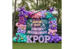Purple Pink Balloon Arch Garland Kit with Banner Music Symbols Disco Star Mylar Balloons for Kpop Music Birthday Decorations 