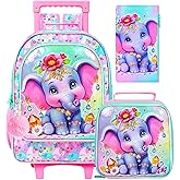 ZLYERT 3Pcs Rolling Backpack for Girls, Elephant Roller Bookbag with Lunch Box, Kids School Backpacks with Wheels for Elementary Preschool(Pink)
