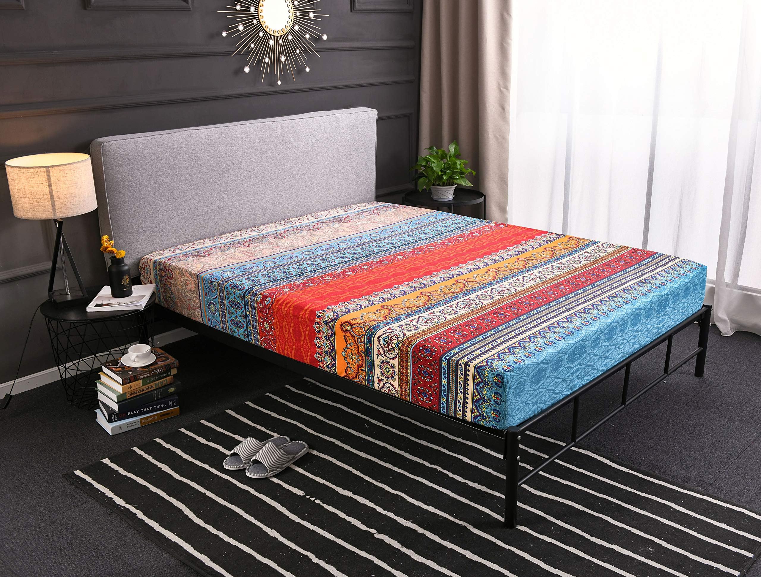 HNNSIBohemia Exotic Striped Fitted Sheet, Brushed Cotton Boho Fitted Bed Sheet King Size
