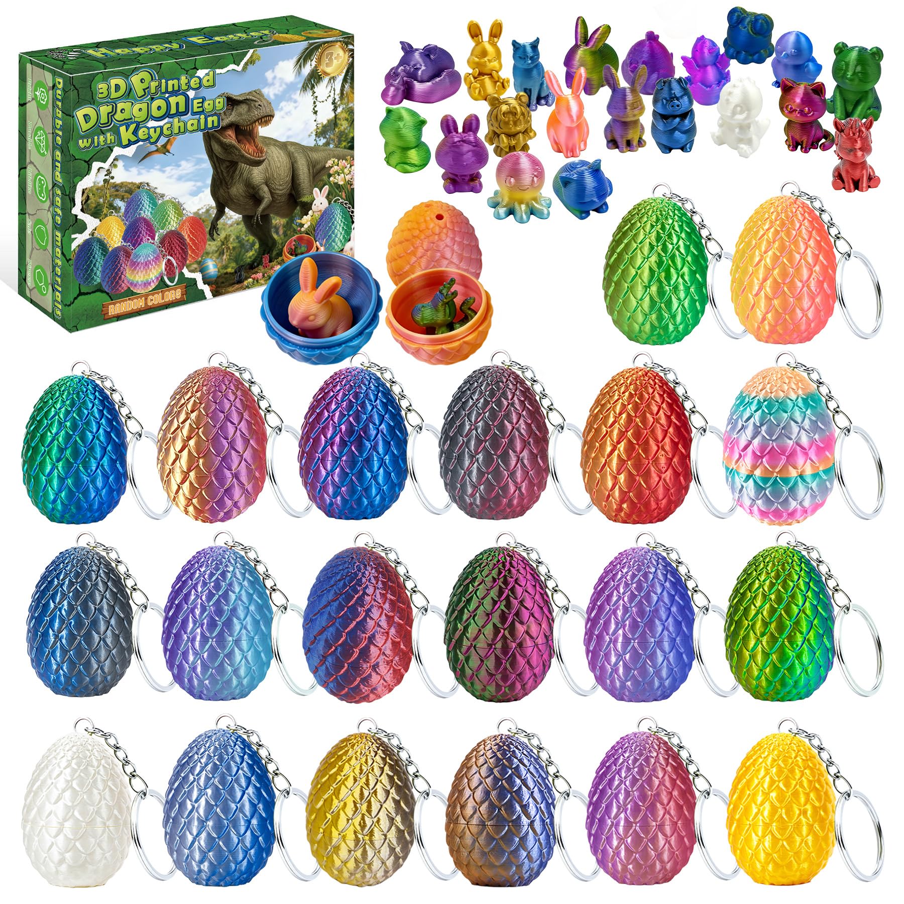 niaosiben Easter Basket Stuffers 20PCS 3D Printed Dinosaur Egg Keychain Set with 20 Mini Animal Fidget Toys, Easter Gifts for Kids, Girls & Adults, Classroom Prizes & Birthday Party Favors