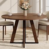 MECHYIN 42 inch Round Dining Table for 4, Farmhouse Kitchen Table, Round Dining Room Table with Metal Legs for Small Spaces &amp; Apartment, Space-Saving Circle Wood Dinner Table, Walnut