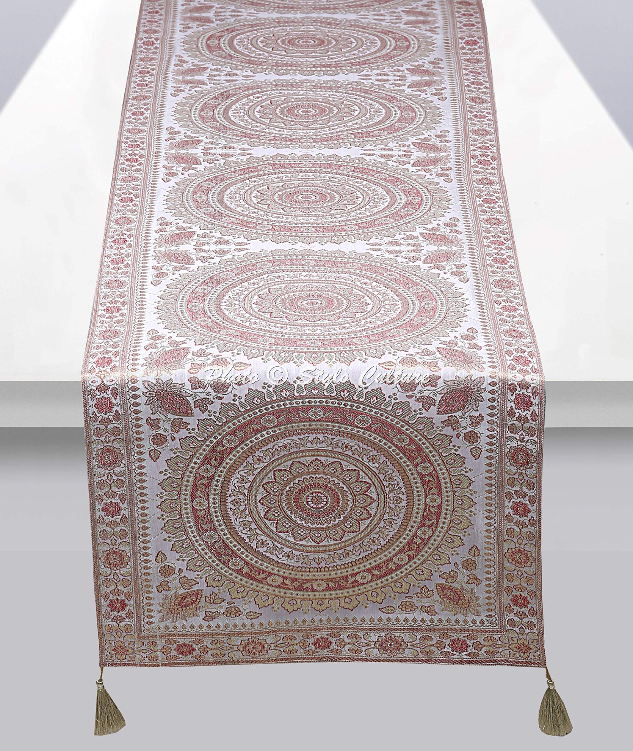 Stylo Culture Ethnic Table Runner For Dining Room Silver Grey Gold Indian Round Mandala Jacquard With Tassel Home Decor Reception Table Cloth Brocade Rectangle Tablecloth Placemat 68x16 Inches
