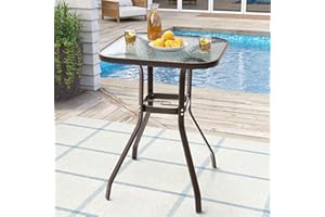 Crestlive Products Outdoor Bar Table with Umbrella Hole, Patio Dining Bistro Table with Aluminum Frame Tempered Glass Top, Outside Banquet Furniture for Garden, Pool, Deck, Lawn (Brown)