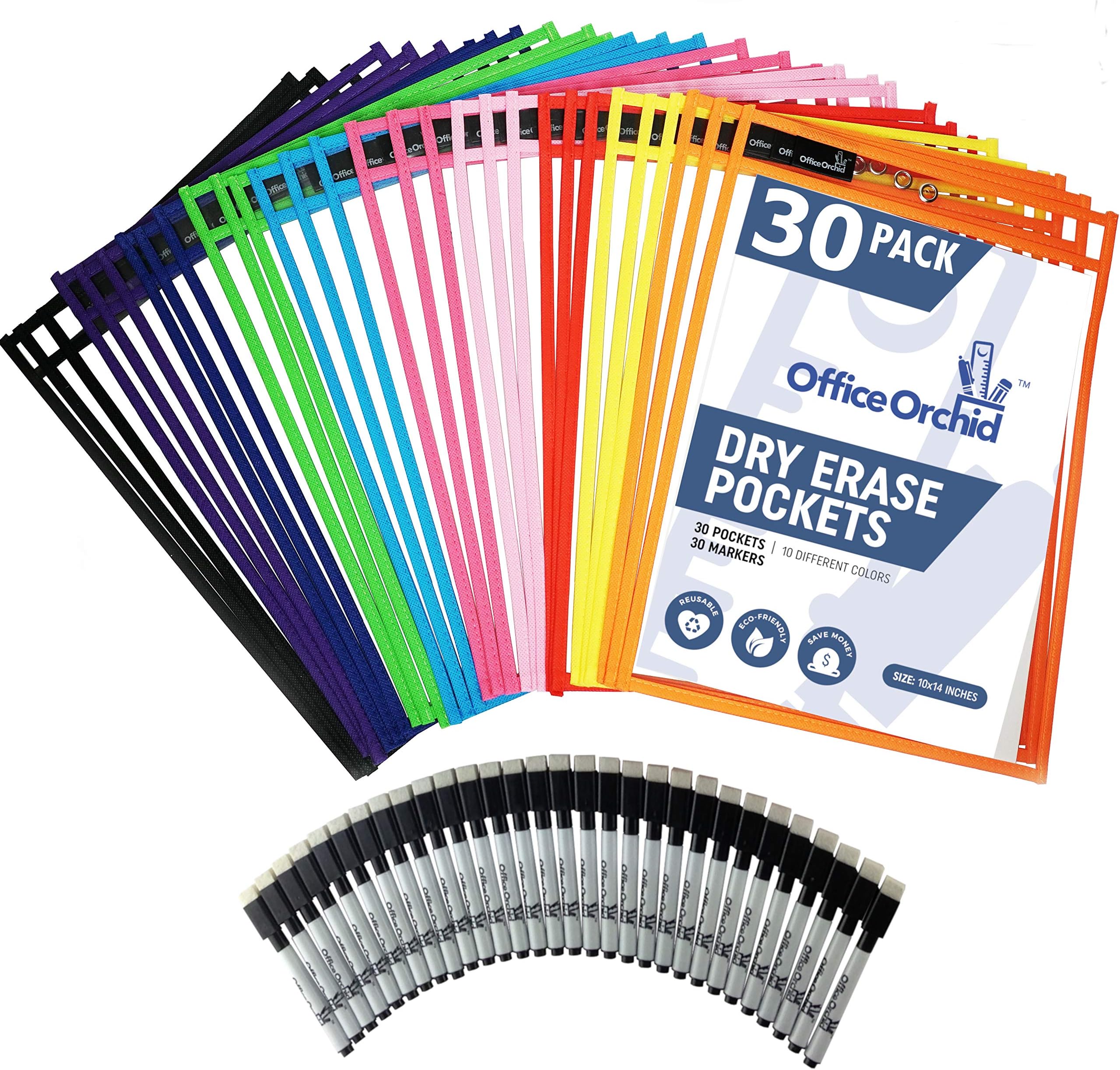 Dry Erase Pockets Reusable Sleeves by Office Orchid - Heavy Duty Oversized 10" x 14" - 30 Pockets Assorted Colors + 30 Pens + 500 Worksheets - School or Work - Sheet Protectors or Ticket Holders