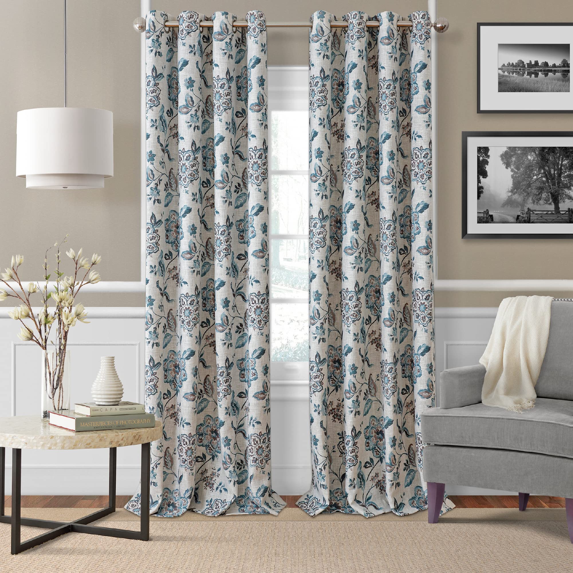 Elrene Single Panel Window Curtain Drape, Polyester, Blue/Taupe, 52 in x 95 in