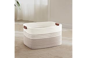 SunNewt 45L Small Laundry Basket with Leather Handles for Living Room Storage, Woven Rope Baskets Bin for Blanket, Kids Toy, 