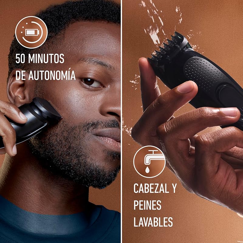 Aparador de barba masculino, aparador de cabelo 3 em 1 com 5 pentes laváveis, escova de limpeza, capa e carregador, aparador sem fios com lâmina afiada para a vida toda a vida