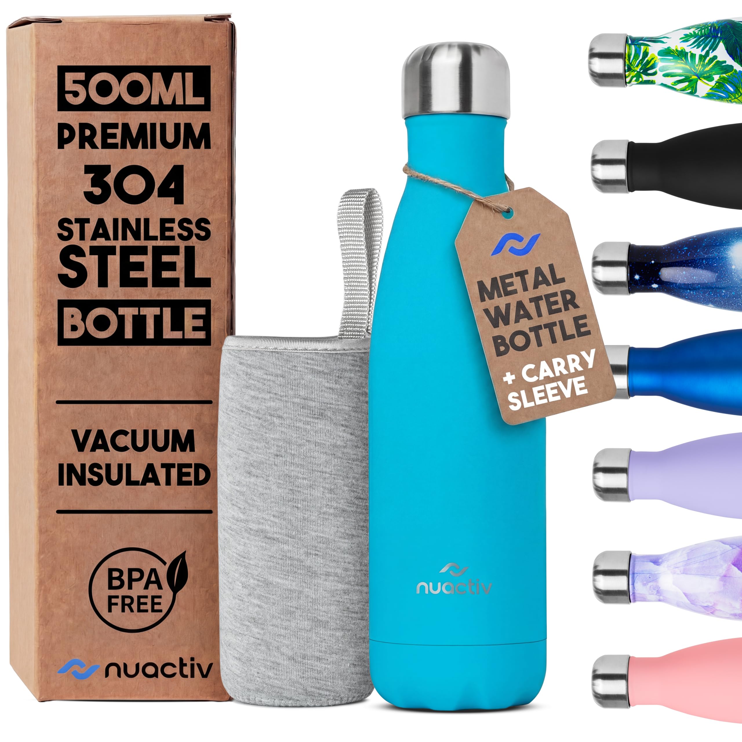 Nuactiv Stainless Steel Water Bottle 500ml, Vacuum Insulated Metal Flask, Leakproof, BPA Free, Reusable Sports Flask, Keeps Drinks Cold 24h & Hot 12h, for Gym, Travel, Work & School