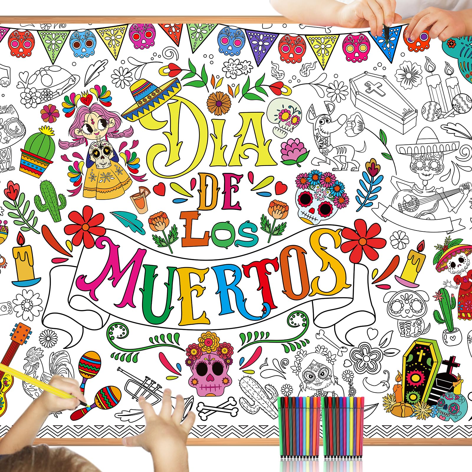 Photo 1 of HOWAF Dia De Los Muertos Coloring Poster with 24 (12 Colors) Paint Pens, Dia De Los Muertos Party Decoration Supplies Coloring Poster Banner for Mexican Themed Party, Day of The Dead Coloring Table