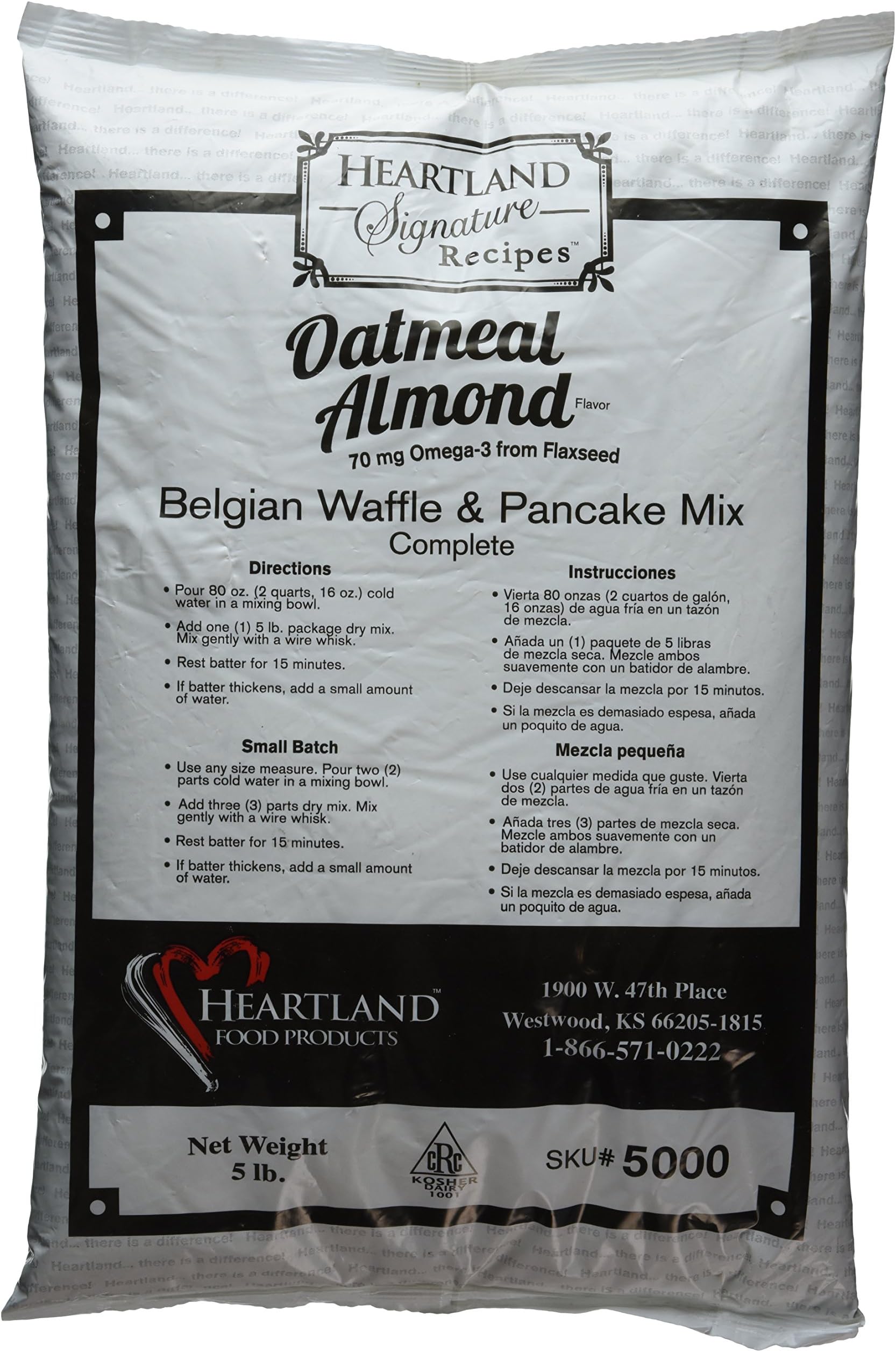 Heartland Food Products Belgian Waffle Mix, Oatmeal Almond, 5 Pound