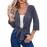 Witsmile Women's 3/4 Sleeve Cropped Cardigan Shrug V-Neck Tie Front Knot Ribbed Knit Shirt for Evening Dress & Office
