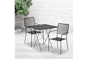 Flash Furniture Oia Commercial Grade 28" Square Black Indoor-Outdoor Steel Folding Patio Table Set with 2 Square Back Chairs