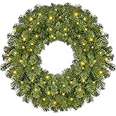 JOYIN 24'' Pre-Lit Christmas Wreath with Warm Lights, Large Lighted Christmas Wreaths for Front Door, Windows, Living Room, Xmas Indoor & Outdoor Holiday Decorations, Battery Operated