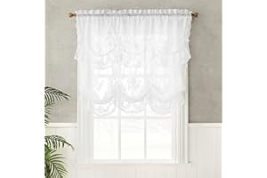 No. 918 Ariella Floral Lace Sheer Rod Pocket Window Tie-up Balloon Shade, White, 58" W x 63" L