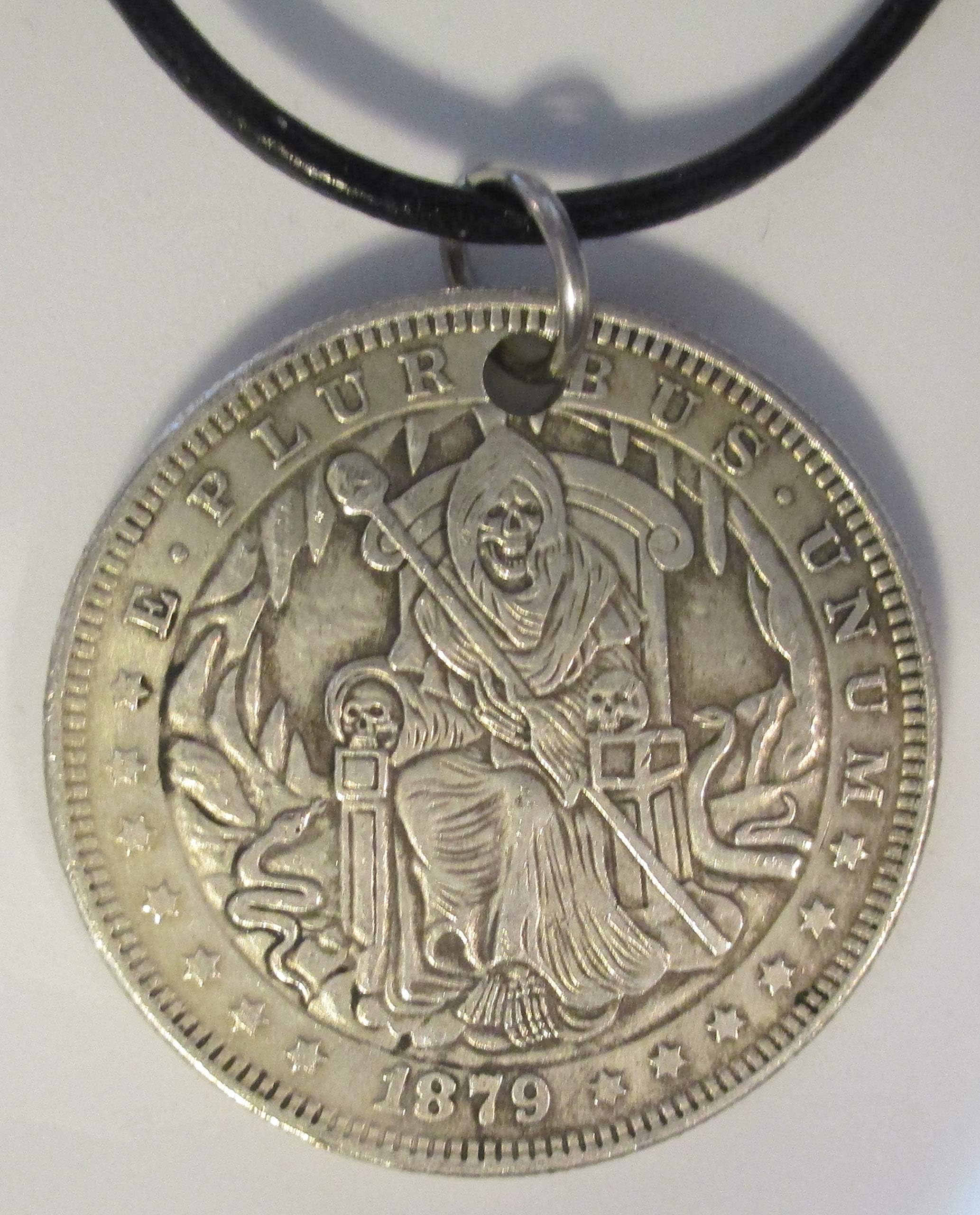 SEATED Santa Muerte Novelty HOBO COIN Morgan Dollar, 24 inches Leather Chord Necklace