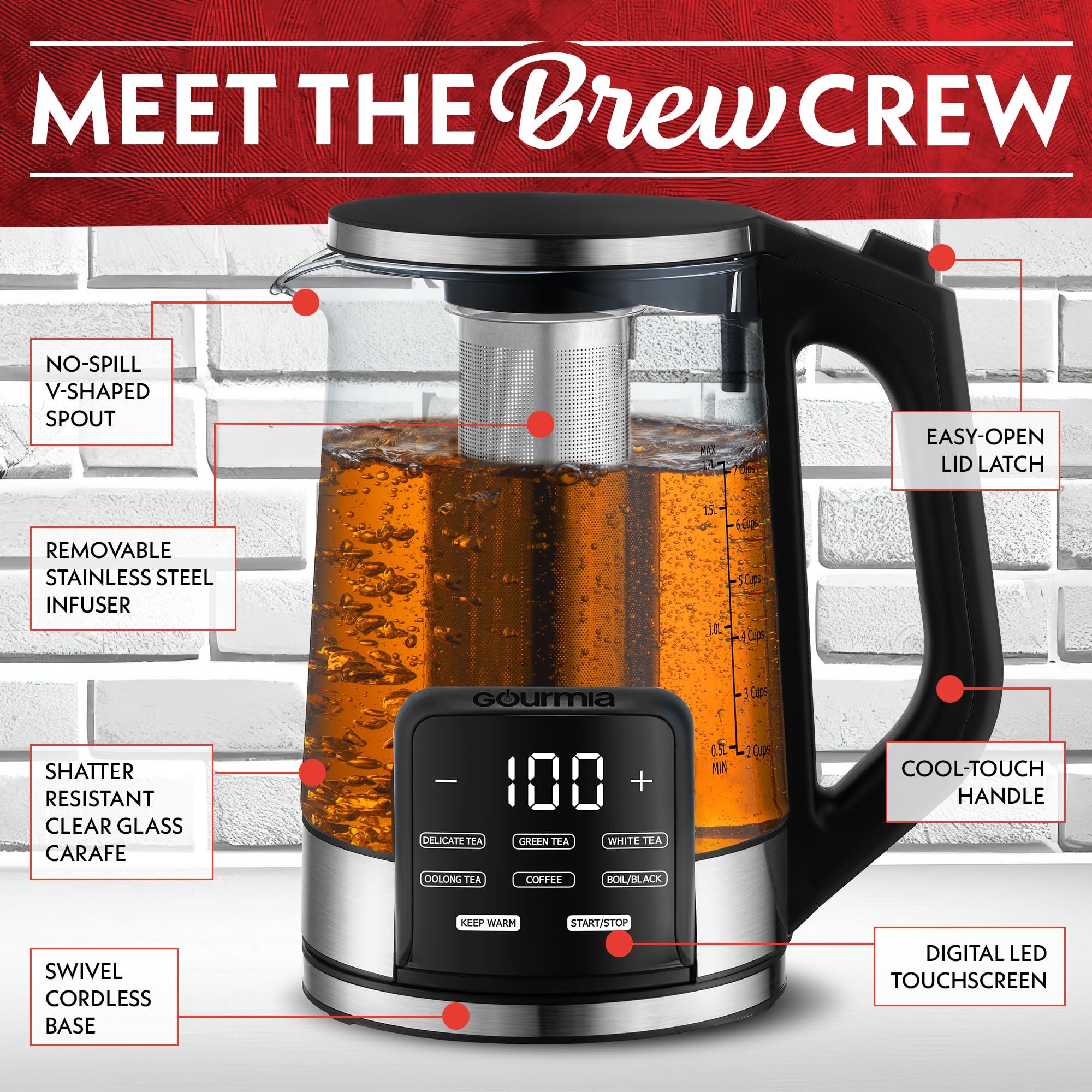 Gourmia Hervidor eléctrico de vidrio programable - Hervidor de té y café con control de temperatura de 1,7 L con pantalla táctil digital, 6 presintonías, mantiene caliente, infusor de acero inoxidable extraíble, base giratoria de 360° - Negro