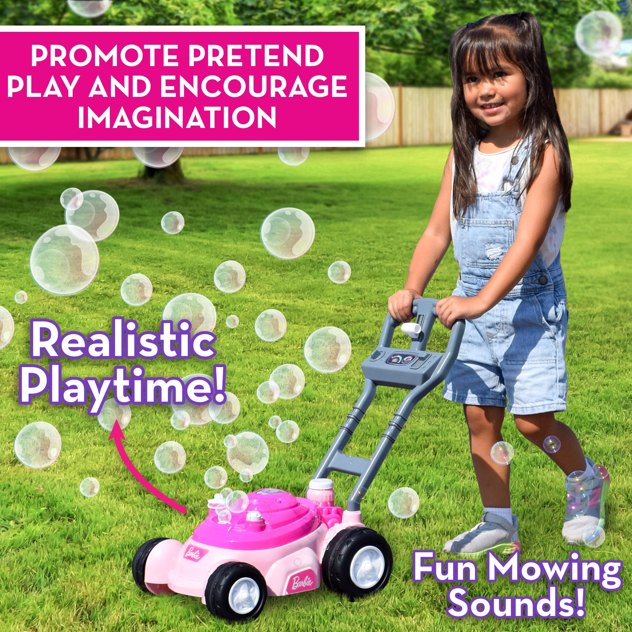 Barbie Bubble Lawn Mower for Toddlers, Bubble Blowing Machines, Indoor and Outdoor Gardening Toy, Birthday, Party Favor for Preschool Girls, No Batteries Required, Includes Bubble Solution, 2+