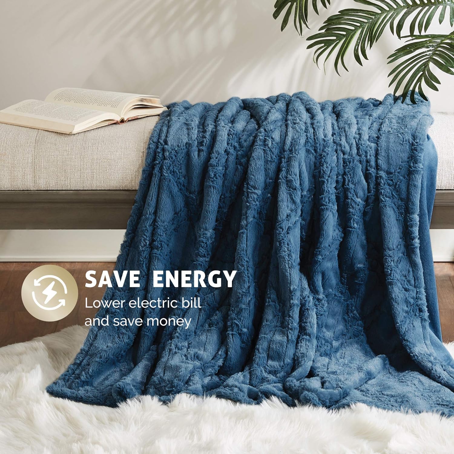 Hyde Lane Faux Fur Electric Blanket Throw | Premium Soft Heated Blankets | Blue, 50x60 Inch | Fuzzy, Pilling Resistant with Brushed Underside | 3 Heat Settings | Auto-Shutoff | Machine-Washable: Kitchen & Dining