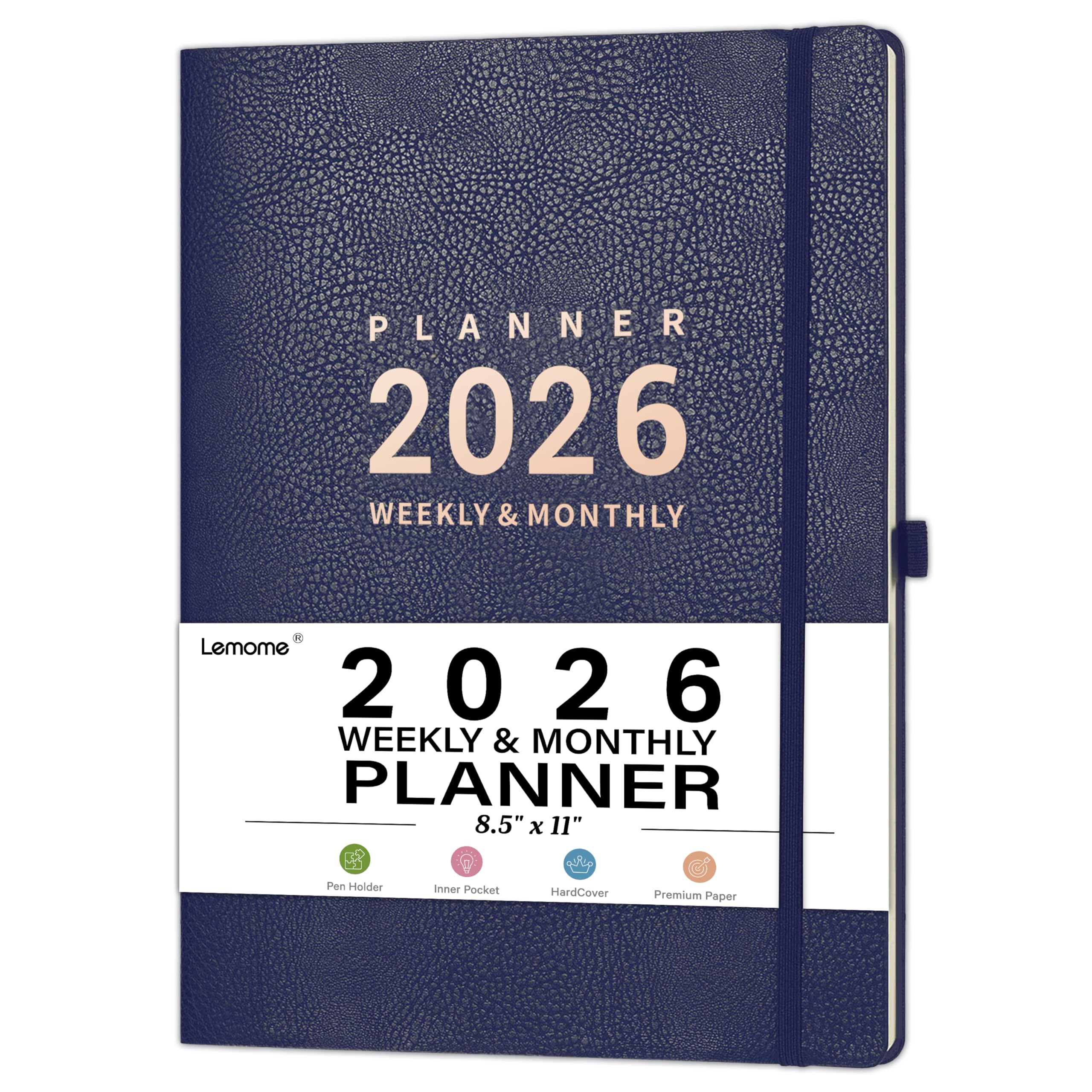 View 1 of Jan 2026 - Dec 2026, 2026 Planner Weekly and Monthly, 8.5" x 11", Pen Holder, Calendar Stickers, Pocket, 25 Notes Pages, Faux Leather Cover, A4 Premium Paper - Blue