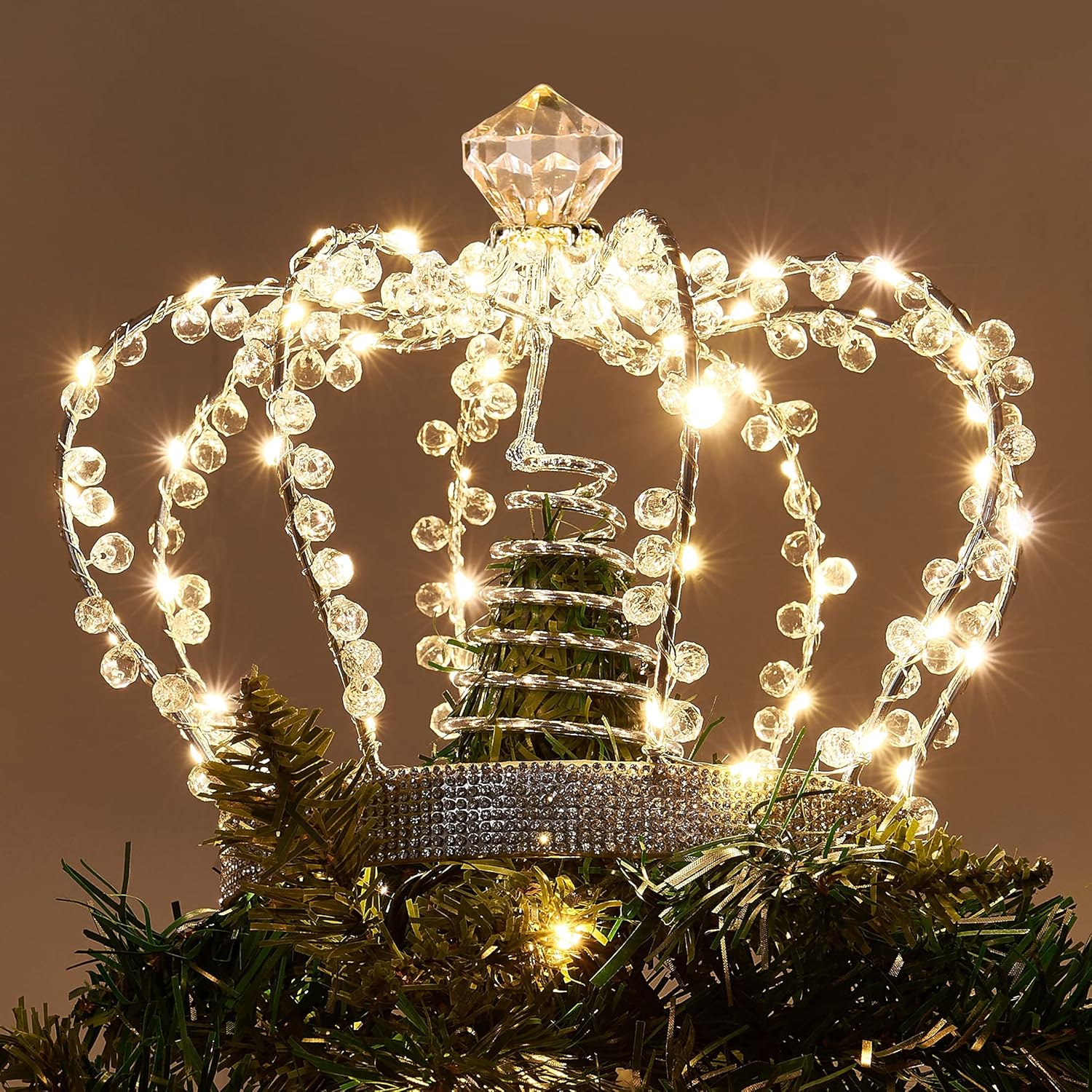 Tree Toppers - PEIDUO Christmas Jeweled Crown Tree Topper Adapter Plug in with 60 Warm White Lights LED Light Up Tree Topper Decoration for Christmas Tree