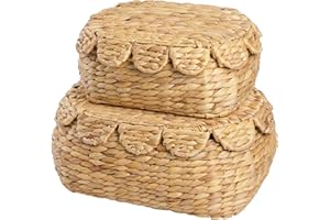 LUSYDECO Round Wicker Storage Baskets with Lid, Rattan Basket Decorative Boxes, Woven Storage Box Hyacinth Basket with Lids, Scalloped Edge Wicker Basket with Lid, Set of 2