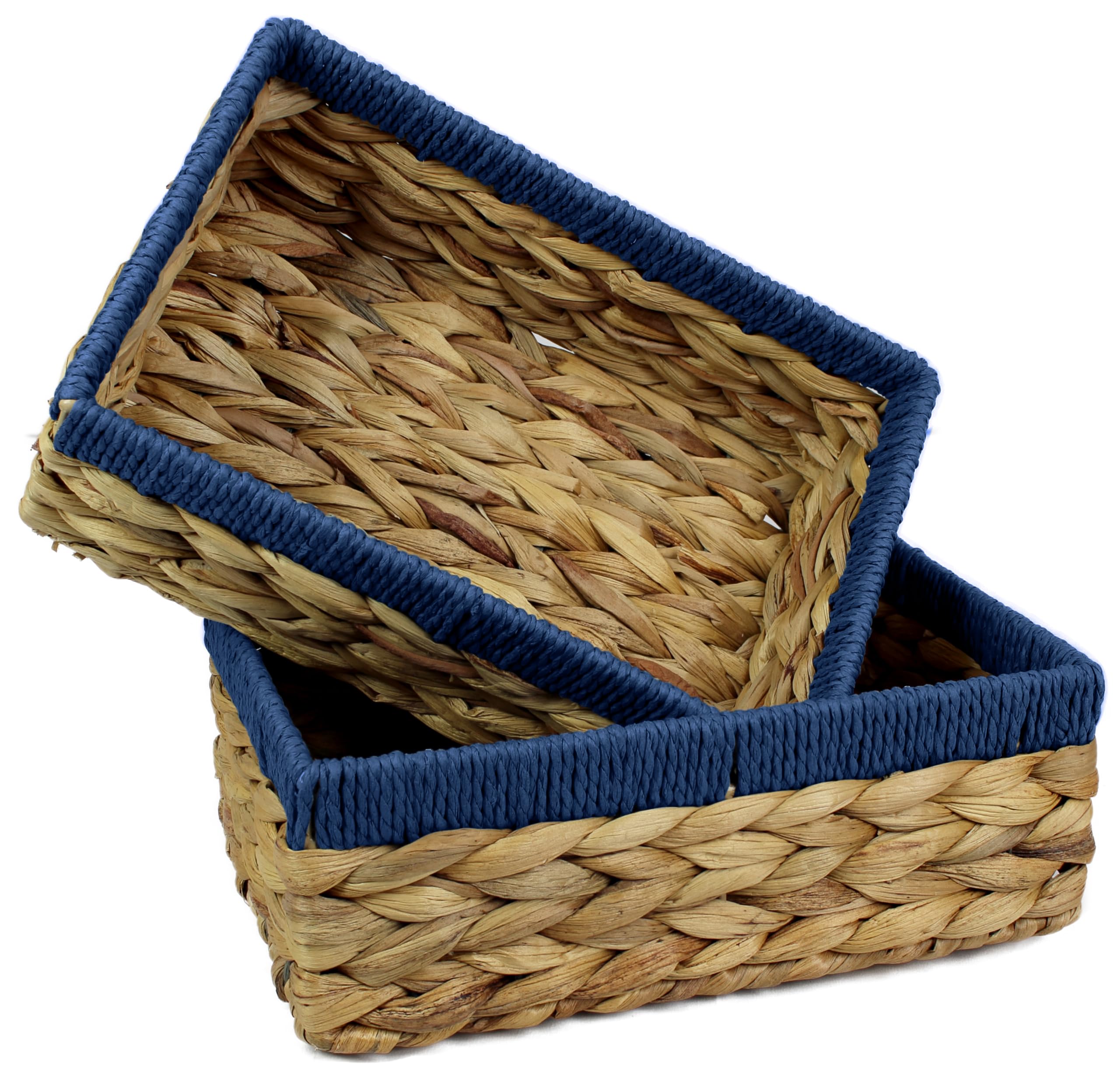 Rectangular Water Hyacinth Small baskets for storage Natural and Blue wicker basket shelves open Decorative gift box Small bathroom mini tray makeup bathroom Kitchen organiser (2, Medium 28cm)
