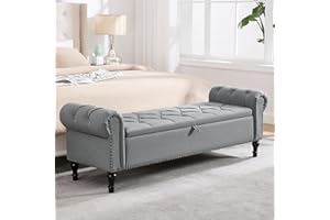 HOMYKA 67 Inch Storage Bench for Bedroom, Linen End of Bed Bench, King Size Bench with Rolled Arms, Upholstered Tufted Button Storage Ottoman, Living Room, Entryway, Light Grey