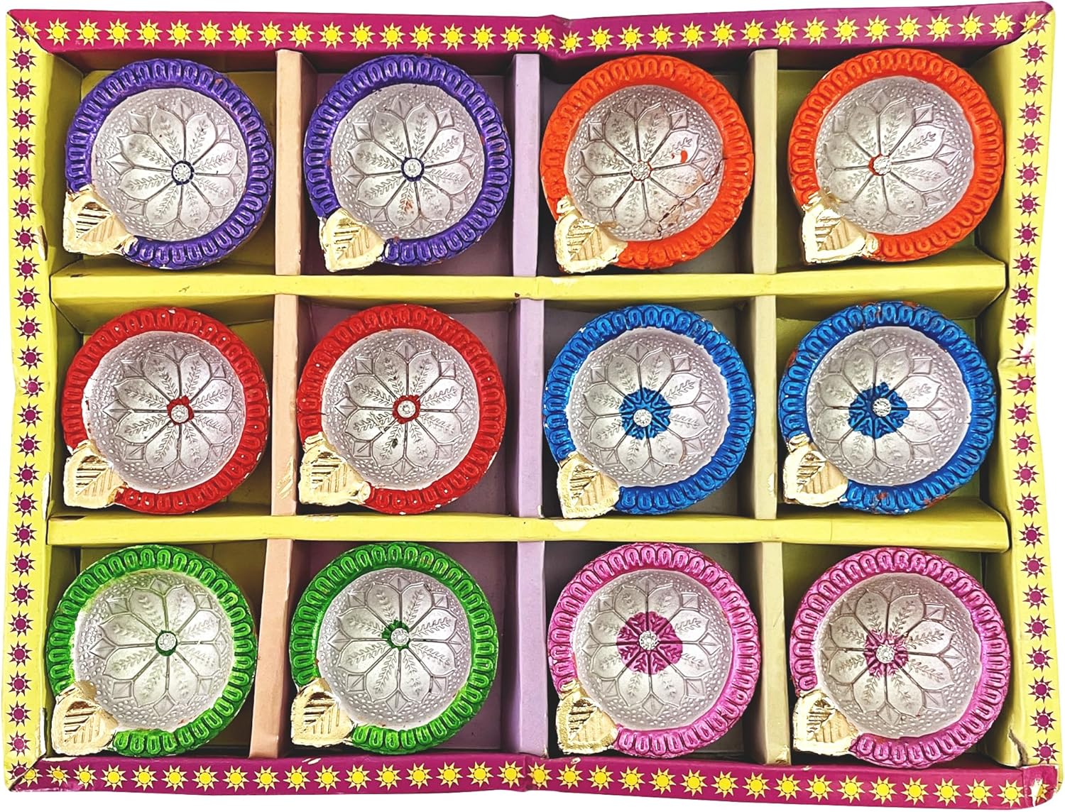 Oil Lamps & Accessories - KSJONE Colourful Diyas Diwali Diya - Earther Clay Diya Colorful Handmade - Diyas Diwali Gift Items for Family Friends Corporate -Diya for Pooja - Diwali Decoration (Design 1(12 Pcs))