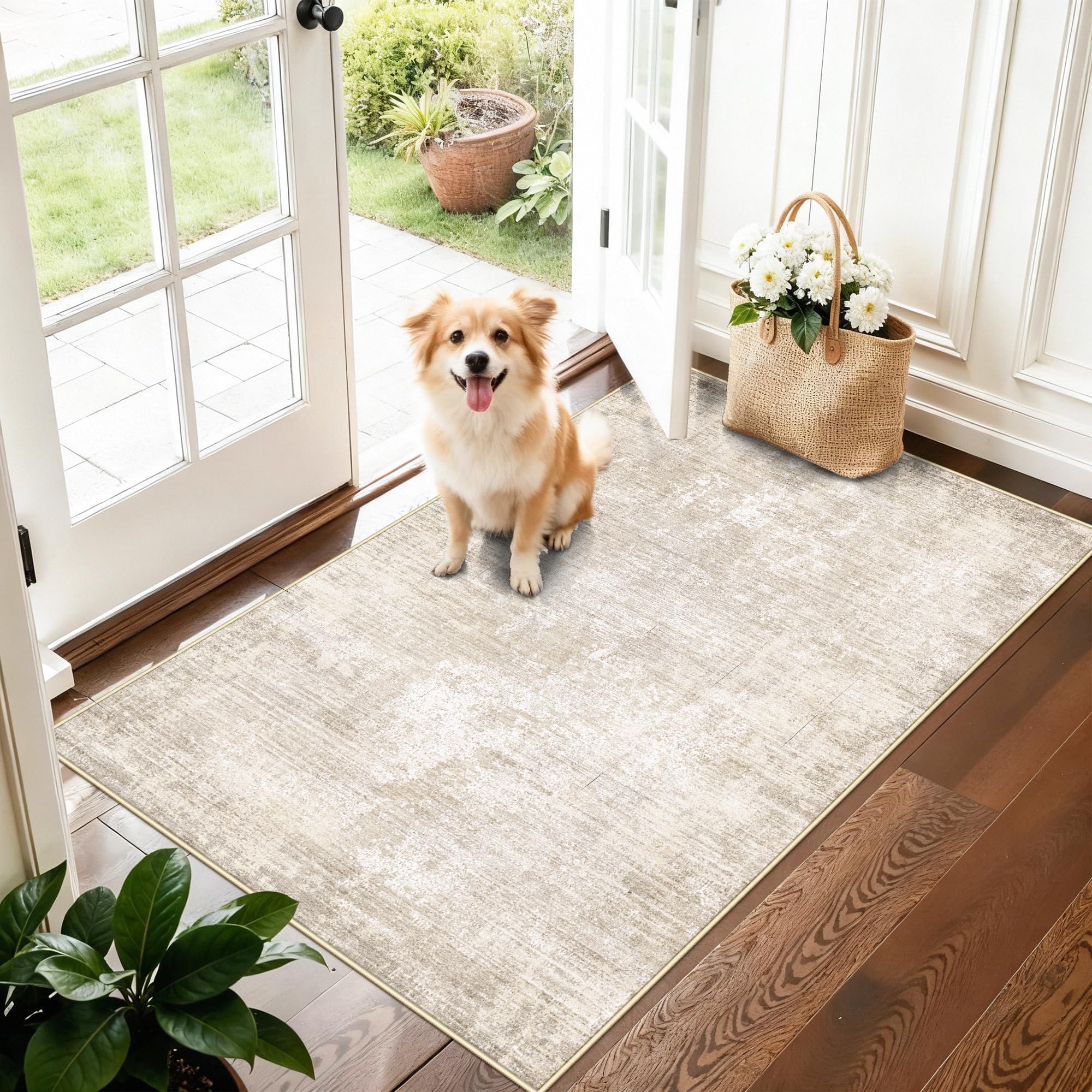 Washable 3x4 Hallway Runner Rug: Abstract Soft Entryway Doormat Water-Resistan Bathroom Kitchen Carpet with Non-Slip Backing Modern Living Room Bedroom Dining Room Decorative Carpet（3x4,Warm/Beige） Image