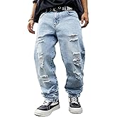 MZNBURAM Men's Ripped Regular Fit Straight-Leg Jeans - Streetwear Y2K Hip Hop Distressed Non-Stretch Denim Pants