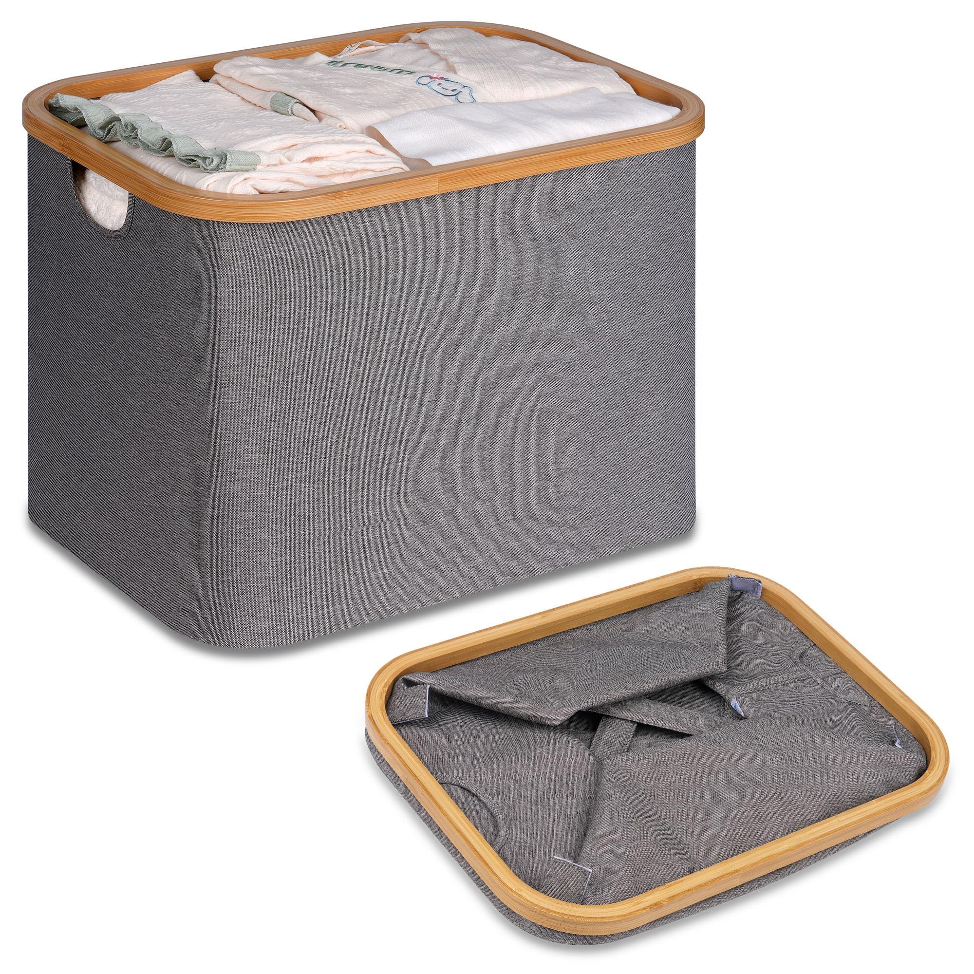 efluky Foldable Washing Basket, 48L Bamboo Laundry Baskets, Collapsible Laundry Basket Wash Clothes Ironing Baskets, Grey Folding Laundry Hamper